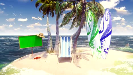hermosa isla salvaje, playa y palmeras, arena blanca y cielo azul, silla de playa, tablas de surf y estandarte de madera con pantalla verde. increíble viaje de verano, fondo en bucle.