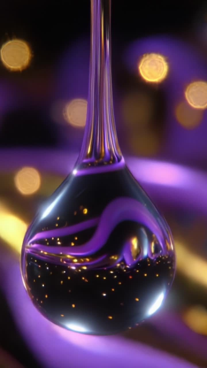 Um close-up cativante de uma gota de líquido refletindo luzes coloridas e padrões abstratos com um brilho roxo místico em um cenário onírico.