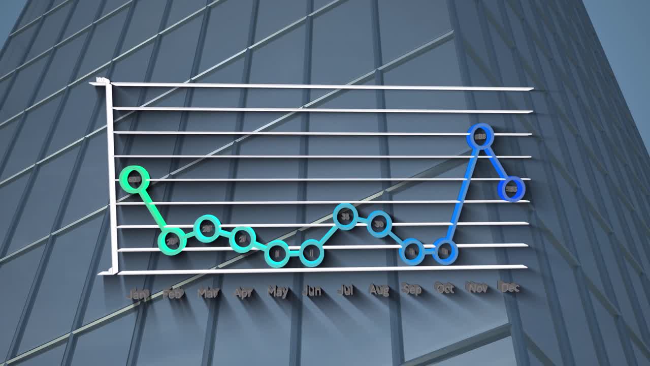 animación digital del procesamiento de datos estadísticos frente a un edificio alto