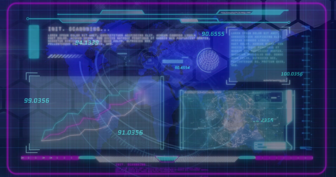 Animation of financial data processing against world map on digital interface