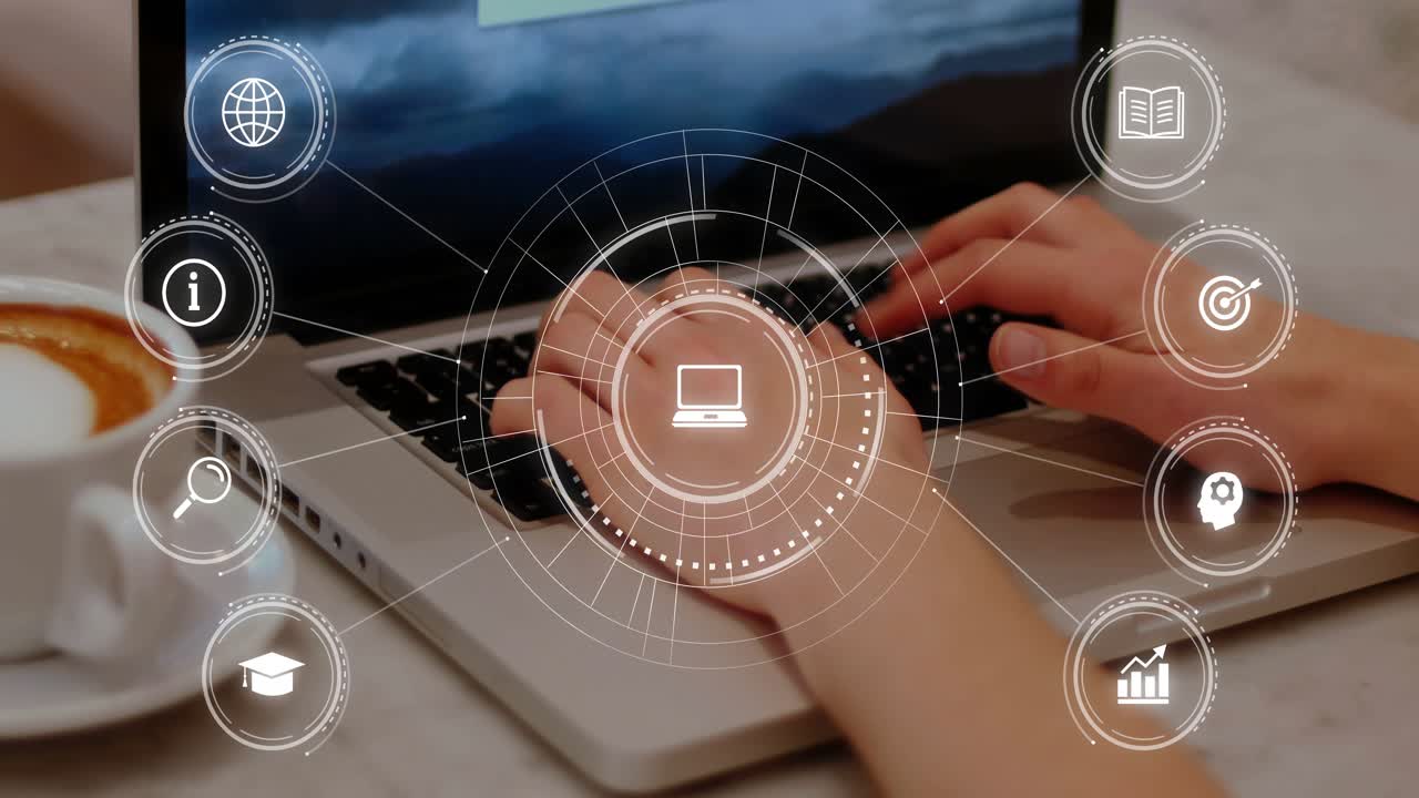 HUD fading in, hands entering and resting on laptop keyboard, typing, HUD pulsing, showing workflow