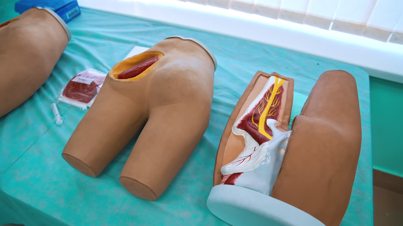 Plastic mannequin parts with internals for studying. Medical dummies for students' practice in the university. Model parts of human body on table.