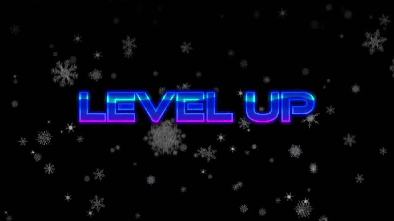 검은 바탕의 눈 위에 레벨 업 텍스트의 애니메이션
