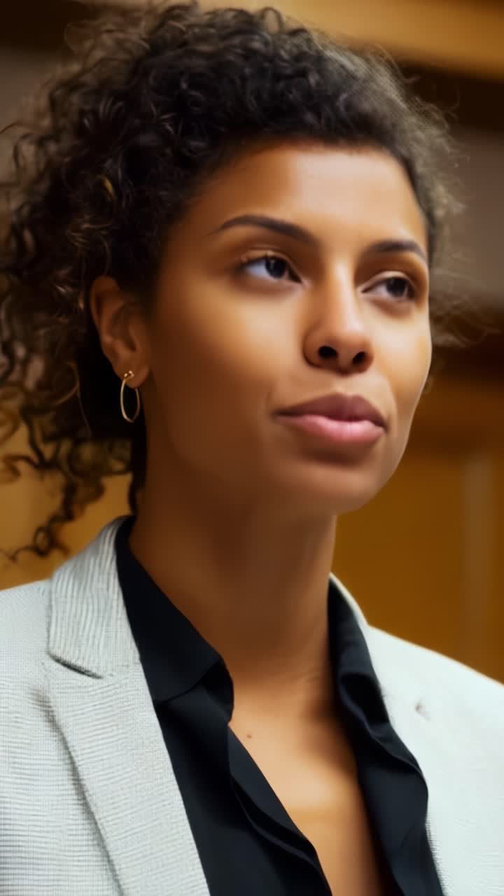 Uma apresentação profissional envolvente: uma mulher cativante transmitindo ideias perspicazes durante uma reunião de negócios com confiança e elegância