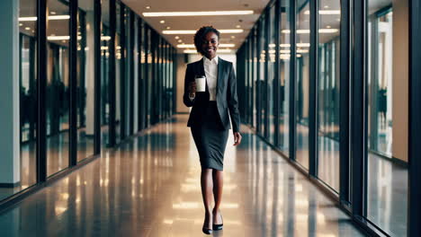 confident businesswoman walking in modern office hallway