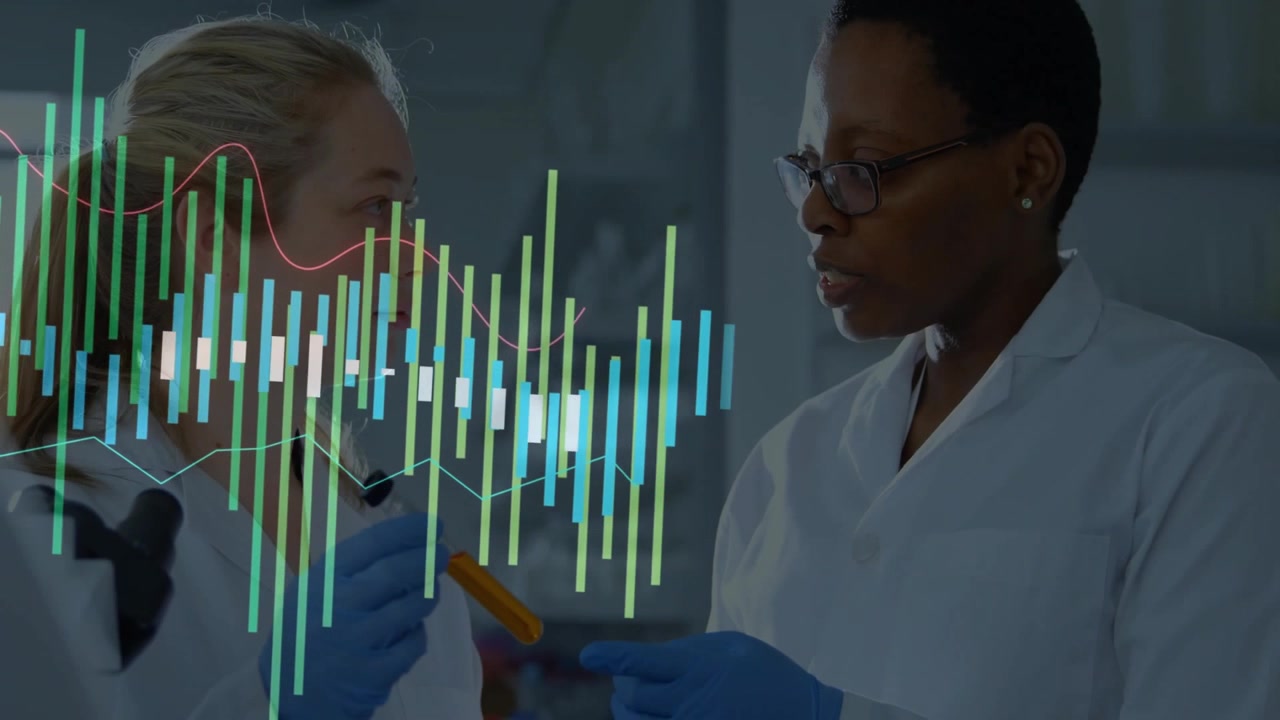To forskere undersøger et reagensglas med orange væske, hvilket får databarer til at udvide sig på tværs af laboratoriet.