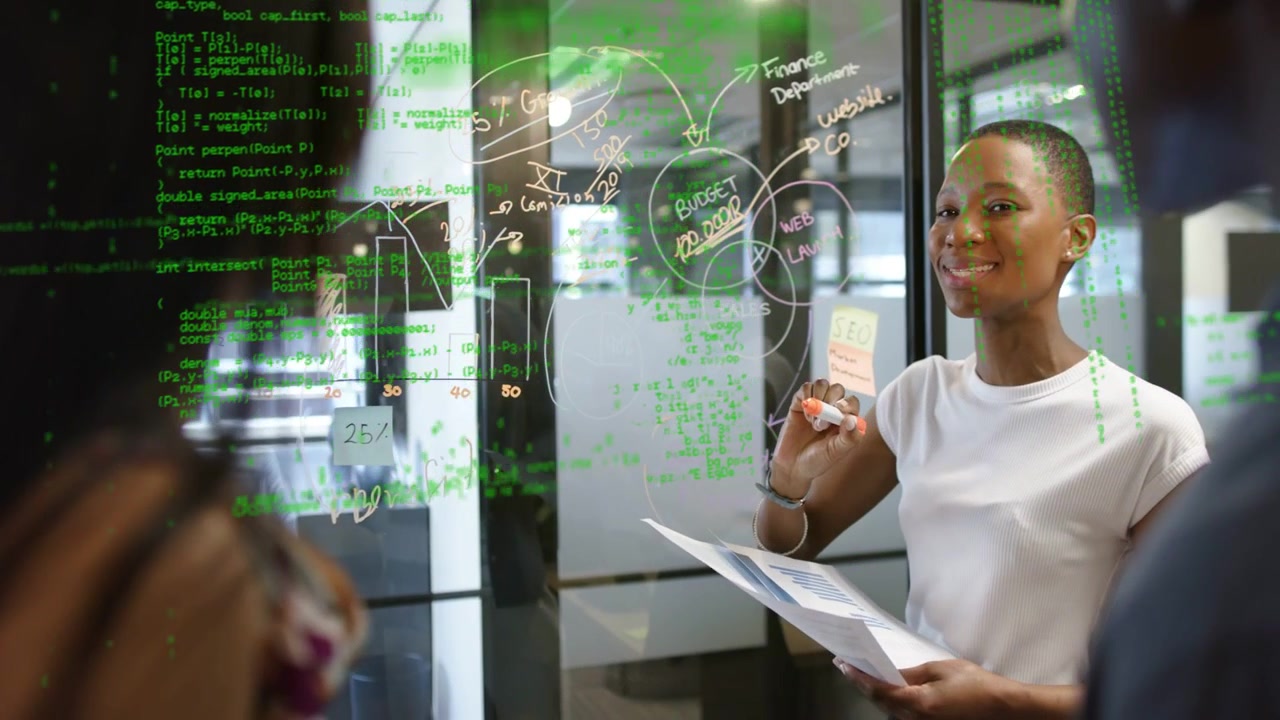 Female lead picking orange marker, annotating budget chart on glass for business, green overlay