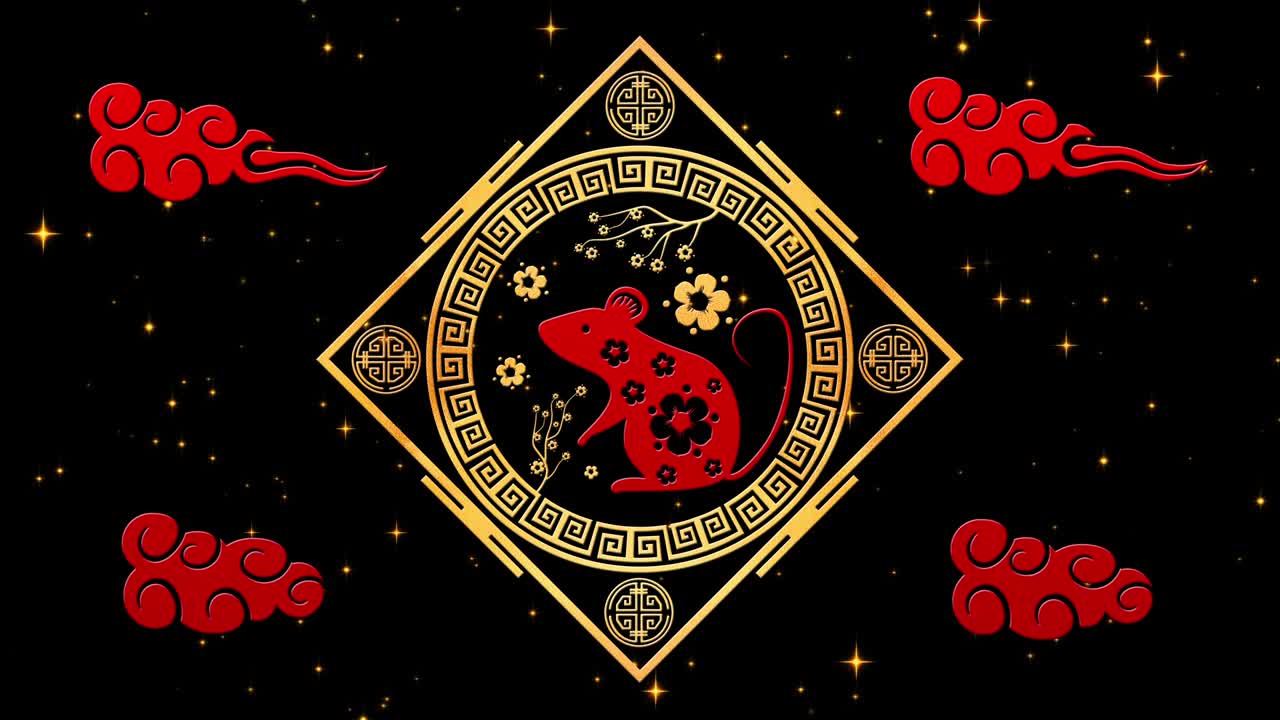 fondo de año nuevo chino rojo con oro, rata, fuegos artificiales, 3d rendering bucle 4k. mágica feliz año nuevo animación
