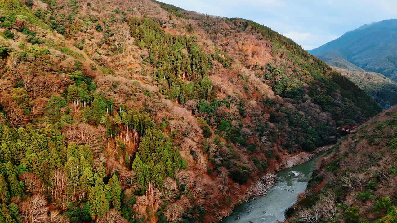 Beautiful Katsura river flowing among the gorgeous rock covered with woods. Bridges cross the river connecting the mountains of Kyoto, Japan. Aerial view.