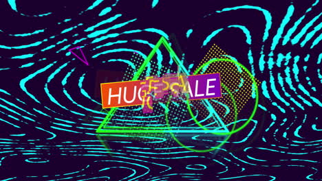 animation of huge sale text over shapes on black background