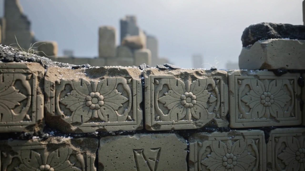 Telecamera che si allontana rivelando un muro di piastrelle intagliate tra le rovine, con rosette e una V scolpita
