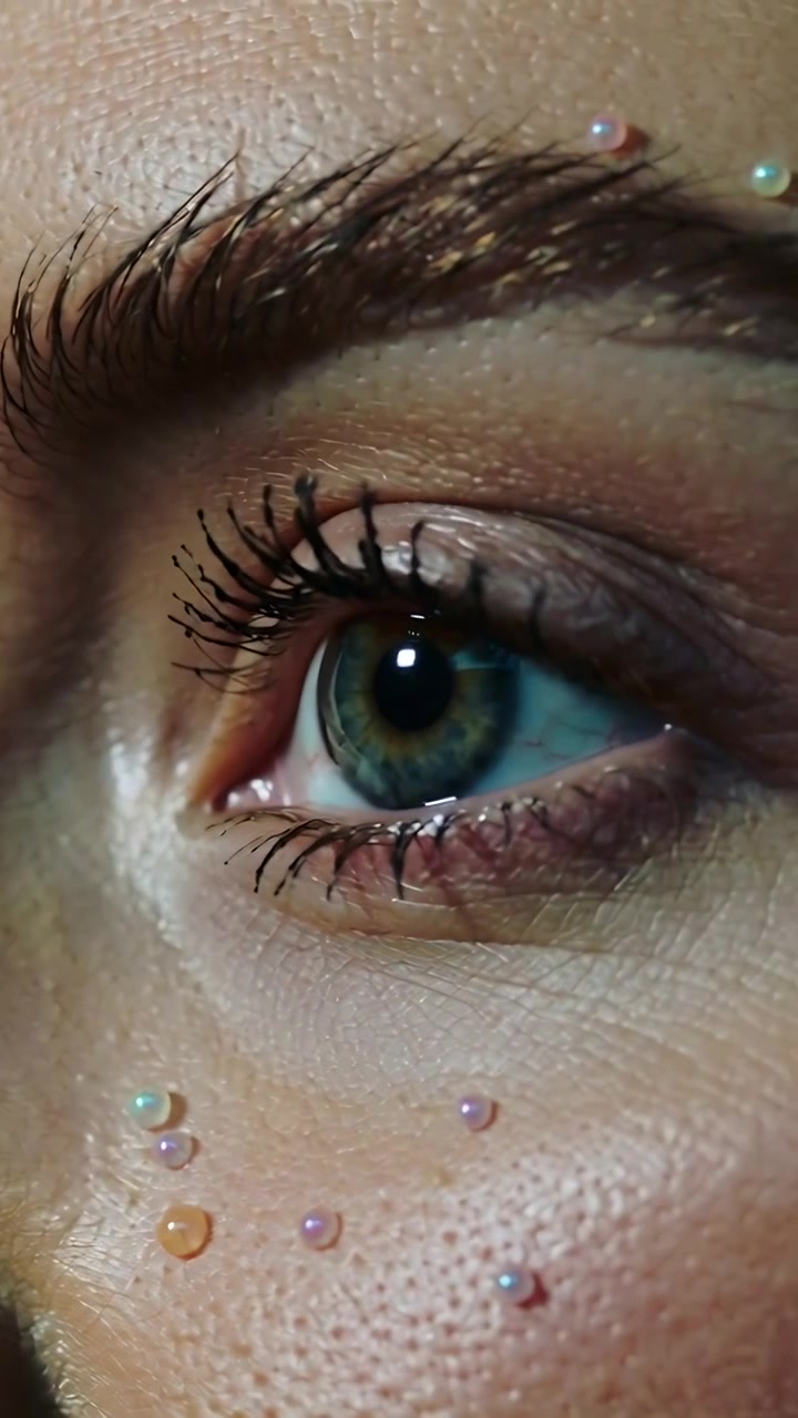 Vertical video: Light causing right eye blinking and shifting gaze inside with beads, copy space
