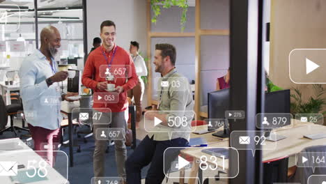 animation of notification bars over diverse coworkers discussing while drinking tea in office