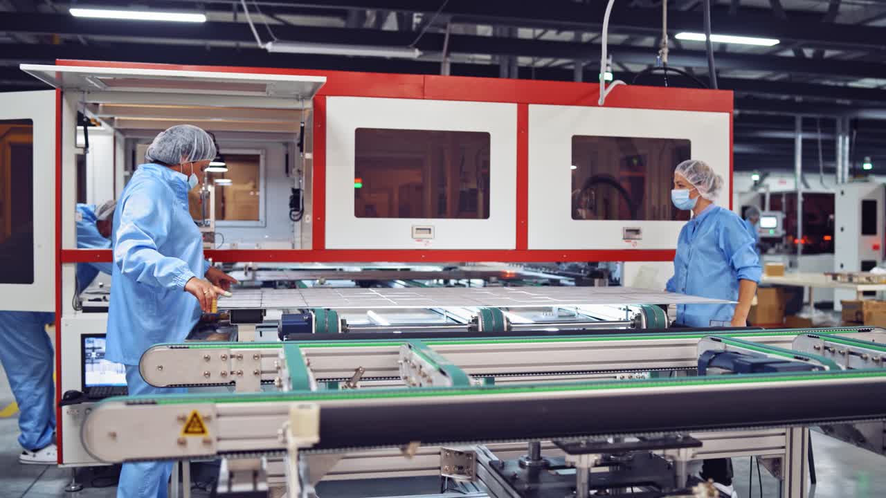 Workers inside modern factory background. Production of new details in technologically advanced factory. Modern industries.