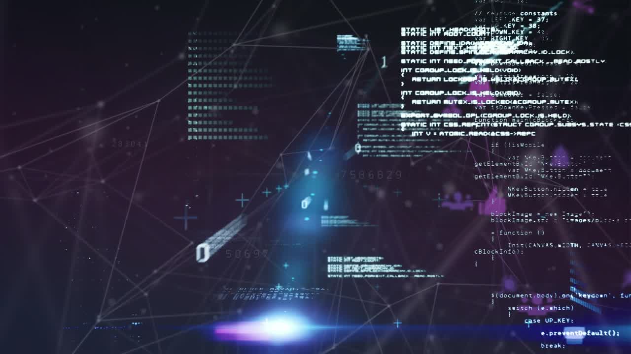 Animation of financial data processing over network of connections on black background