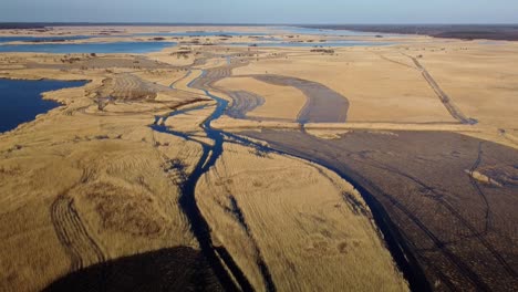 Luftaufnahme-Des-Mit-Braunem-Schilf-Bewachsenen-Sees,-Naturpark-Pape-see,-Rucava,-Lettland,-Sonniger-Frühlingstag,-Weitwinkel-drohnenaufnahme,-Die-Sich-Rückwärts-Bewegt,-Kameraneigung-Nach-Oben