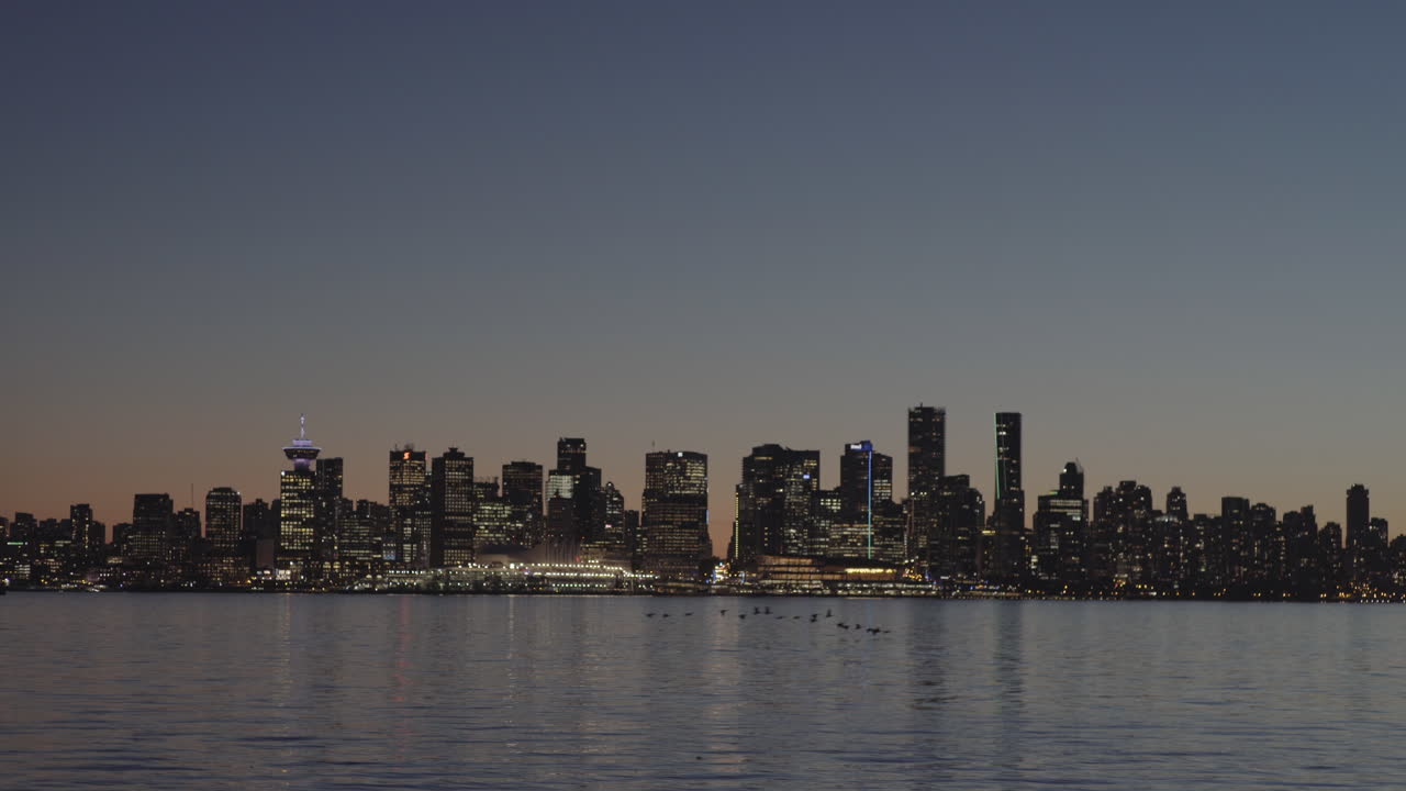 horizonte del centro de vancouver al atardecer, pájaros volando sobre el agua
