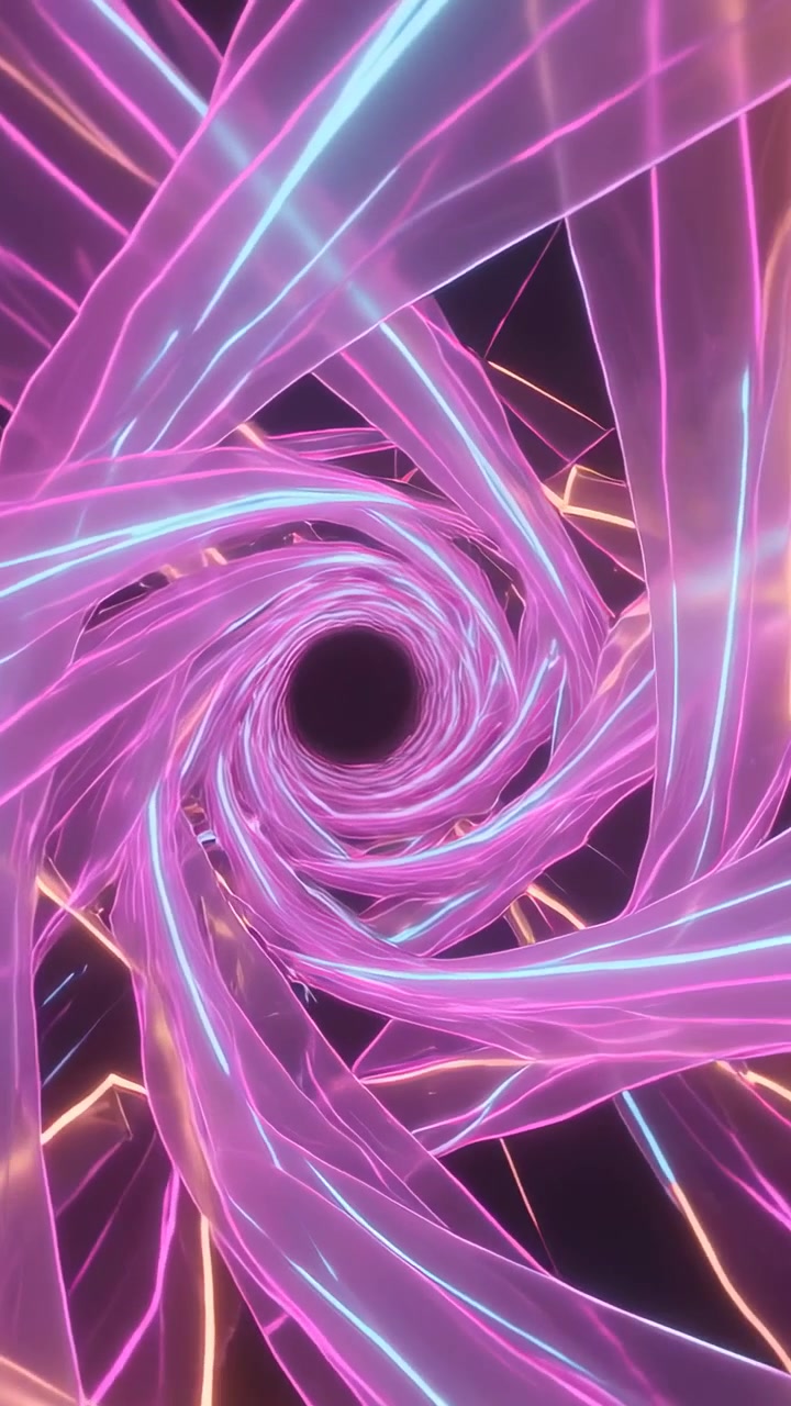 Vertical video: Cam pushing forward, neon ribbons rotating into black void in CGI tunnel, for depth