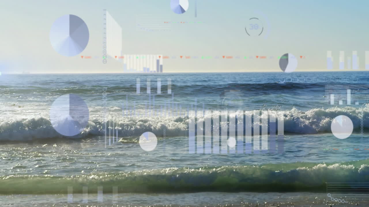 Animating data visualization over ocean waves on sunny day, showcasing information