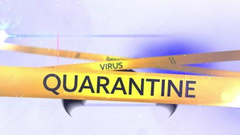 animation of quarantine covid 19 text on yellow tapes over bat