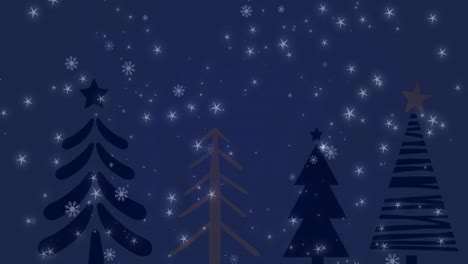 Animation-of-snow-falling-over-fir-trees-on-dark-background