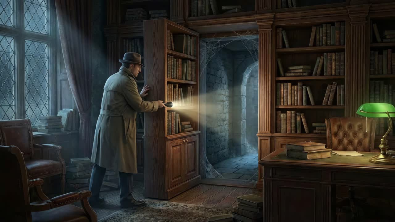A detective discovers a secret passage in a library