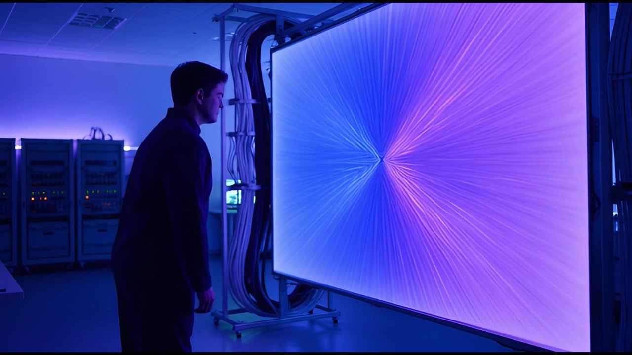 Uomo che osserva un display astratto luminoso in un data center futuristico