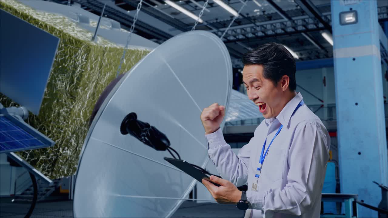 엔지니어가 성공적인 위성 프로젝트를 축하합니다.