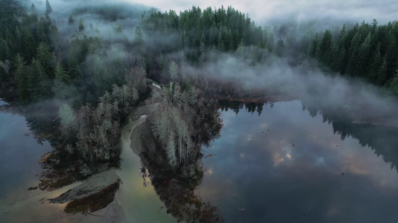 Aerial view of Secluded Scenic Lake and Foggy Trees at Sunrise