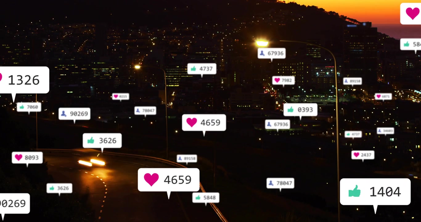 Car headlights turning onto ramp starting floating counters showing engagement over dusk skyline