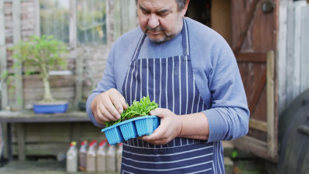 정원 센터 에서 식물 을 들고 있는 백인 남성 정원사