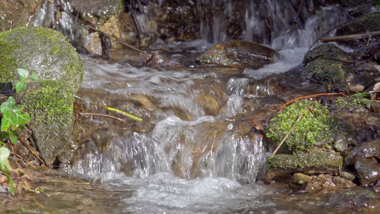 Part of a wild little stream flows through nature surrounded by stones