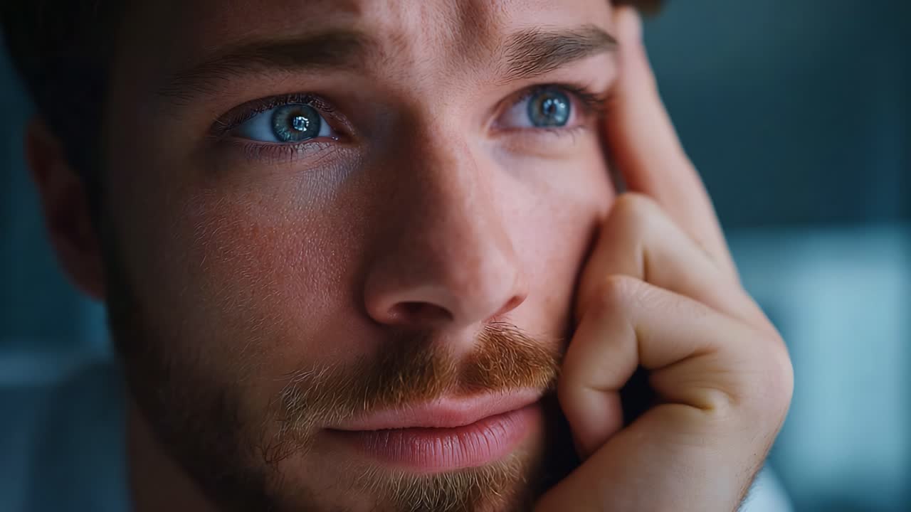 Un uomo pensieroso guarda in modo contemplativo mentre appoggia il mento sulla mano, mostrando emozioni e riflessioni profonde in un'atmosfera serena e intima