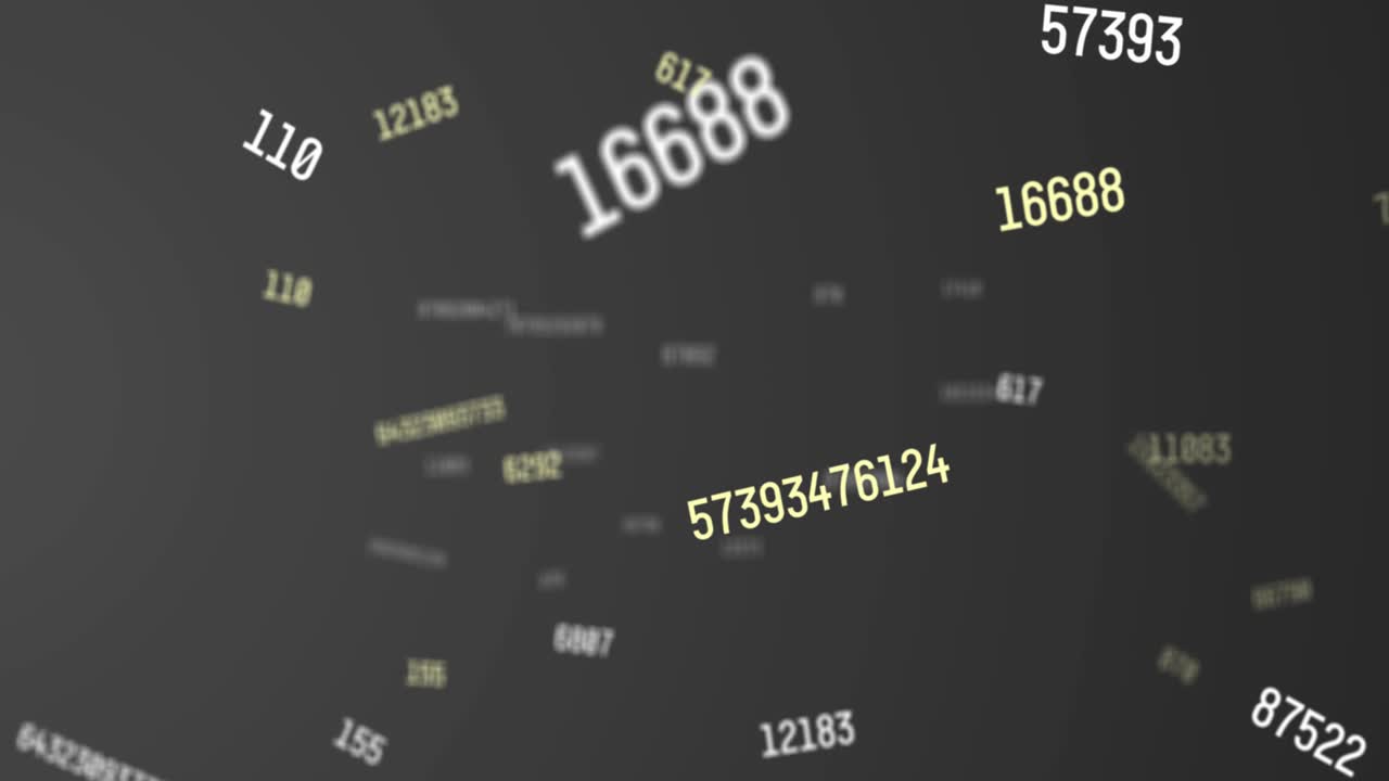 Digital animation of multiple changing numbers moving and floating against grey background