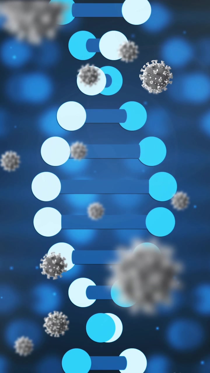 Animation af virusceller over DNA-strenge