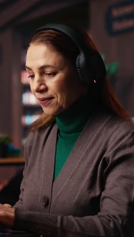 vertical video mature student listening to school webinar on laptop at a library