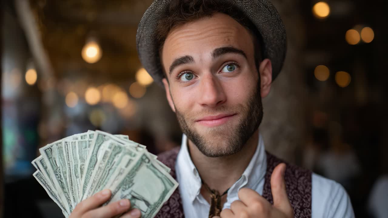 Un giovane uomo entusiasta ostenta denaro, mostrando entusiasmo e gioia in un ambiente sociale con fare amichevole e abbigliamento elegante, facendo un gesto di assenso