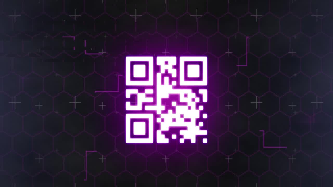 Animation of glowing online security qr code with markers and hexagons on black background