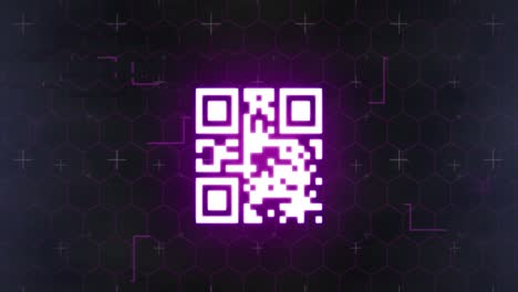 animation of glowing online security qr code with markers and hexagons on black background