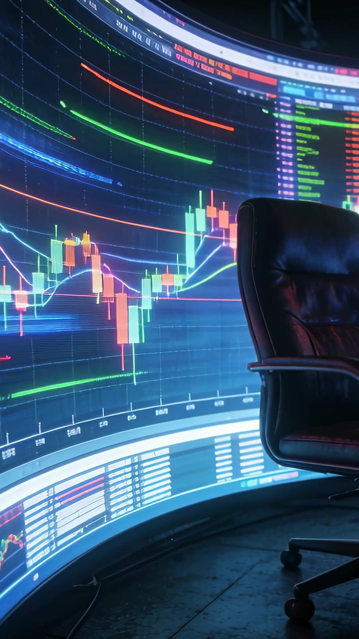 Video verticale: Telecamera che panoramica a destra, mostrando una parete di trading curva, una sedia in pelle e il monitoraggio dei mercati.