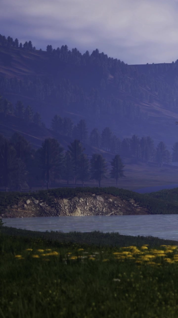 Paesaggio montano con lago e alberi al crepuscolo