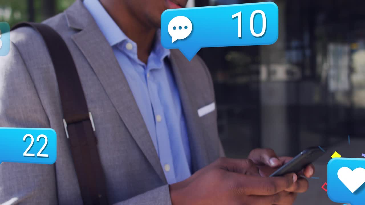 Man tapping phone while checking metrics, social notifications popping around him, counters rising