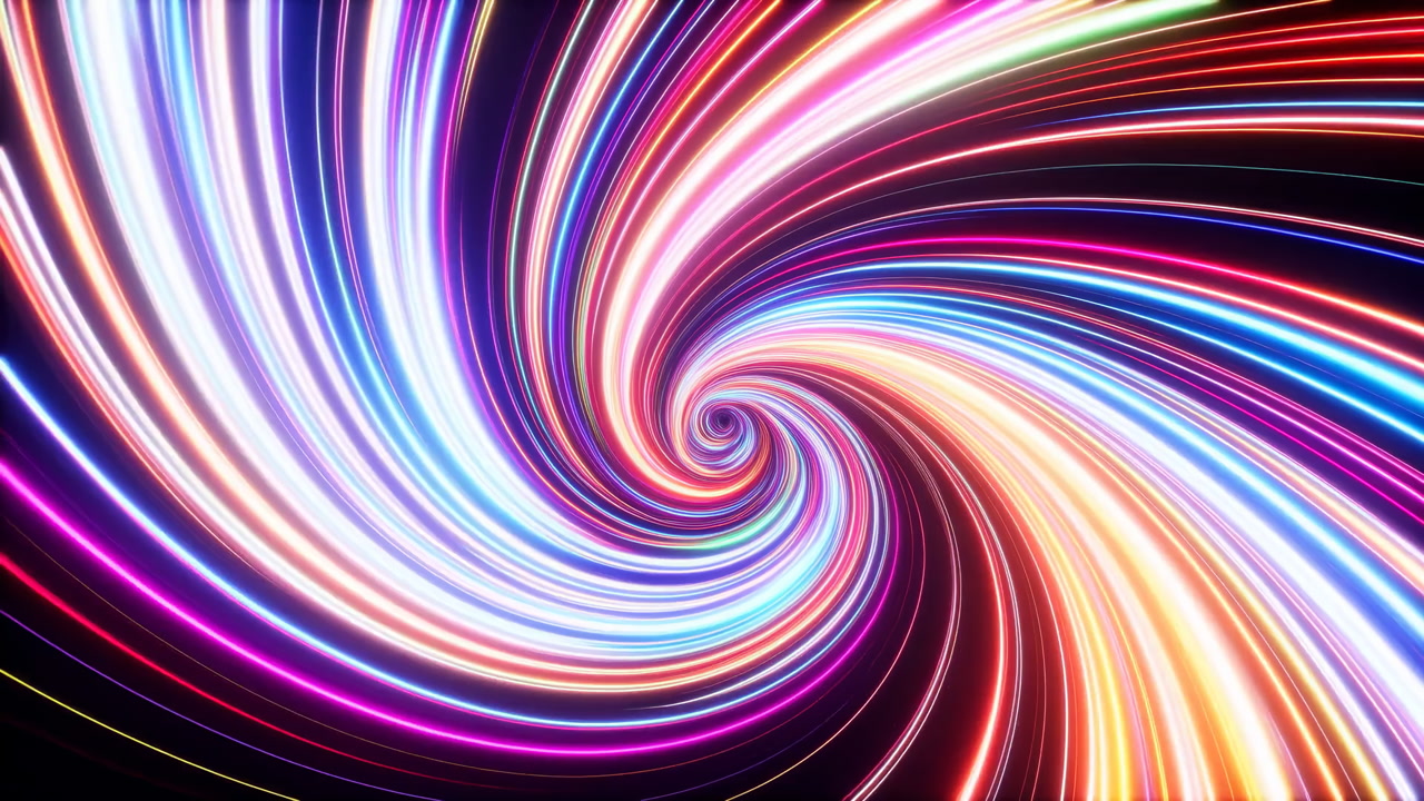 Retro Spiral Tunnel Of Vibrant Ribbon Lights Sweeping Inward, Warm Neon Palette, Rhythmic Motion And Disco