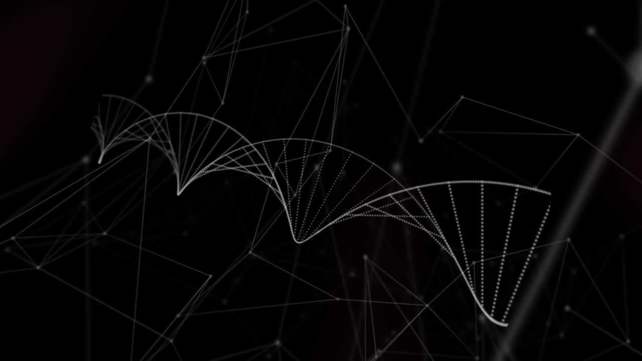 Digital animation of dna structure spinning against network of connections on black background