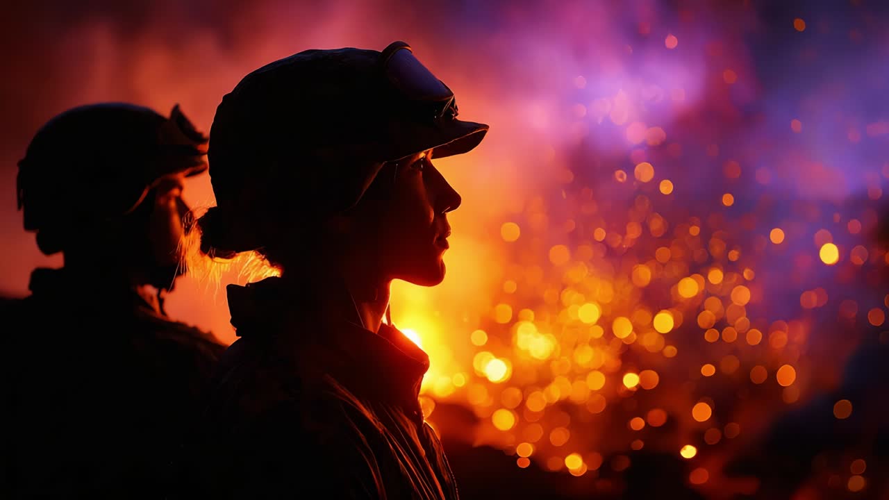 Amidst an Erupting Volcano, Two Soldiers Observe the Fiery Landscape, Their Shadows Casting Over the Luminous Lava and Sparkling Ash, Symbolizing Courage and Vigilance in the Face of Nature's Fury