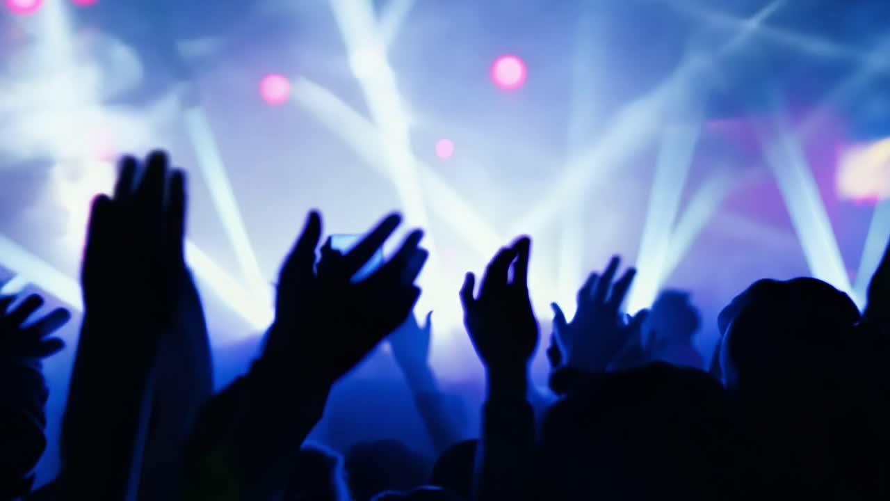 Concertgoers cheer and capture moments of a live music performance with smartphones, enjoying the vibrant atmosphere