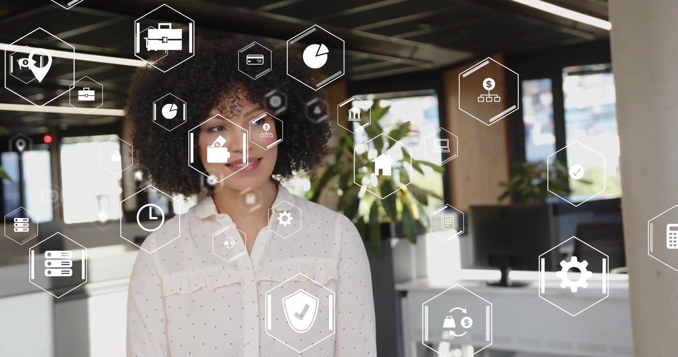Woman tapping air, activating interface and scanning floating business icons for data evaluation