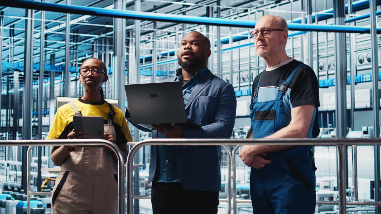 Smart factory manager teaching workers to manage robotic arms using laptop