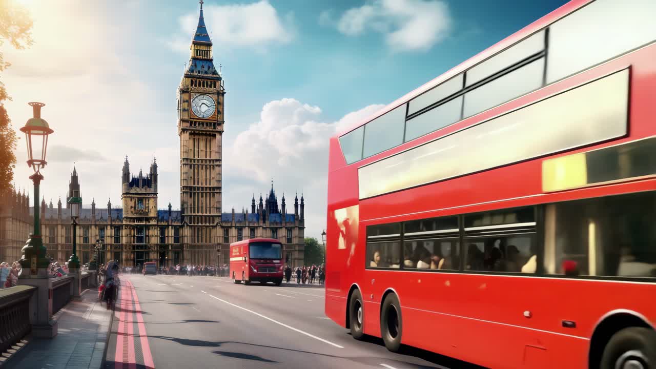 Red Double Decker Bus Driving Past Big Ben in London