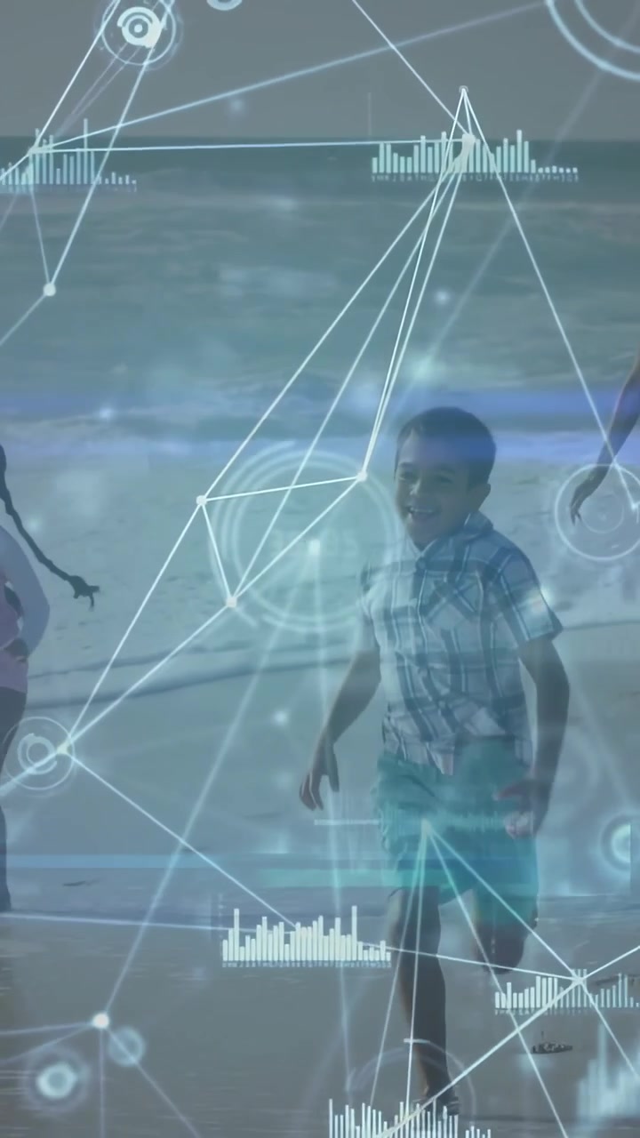 Vertical video: Children running toward camera starting HUD tracking overlaying boy on beach tech